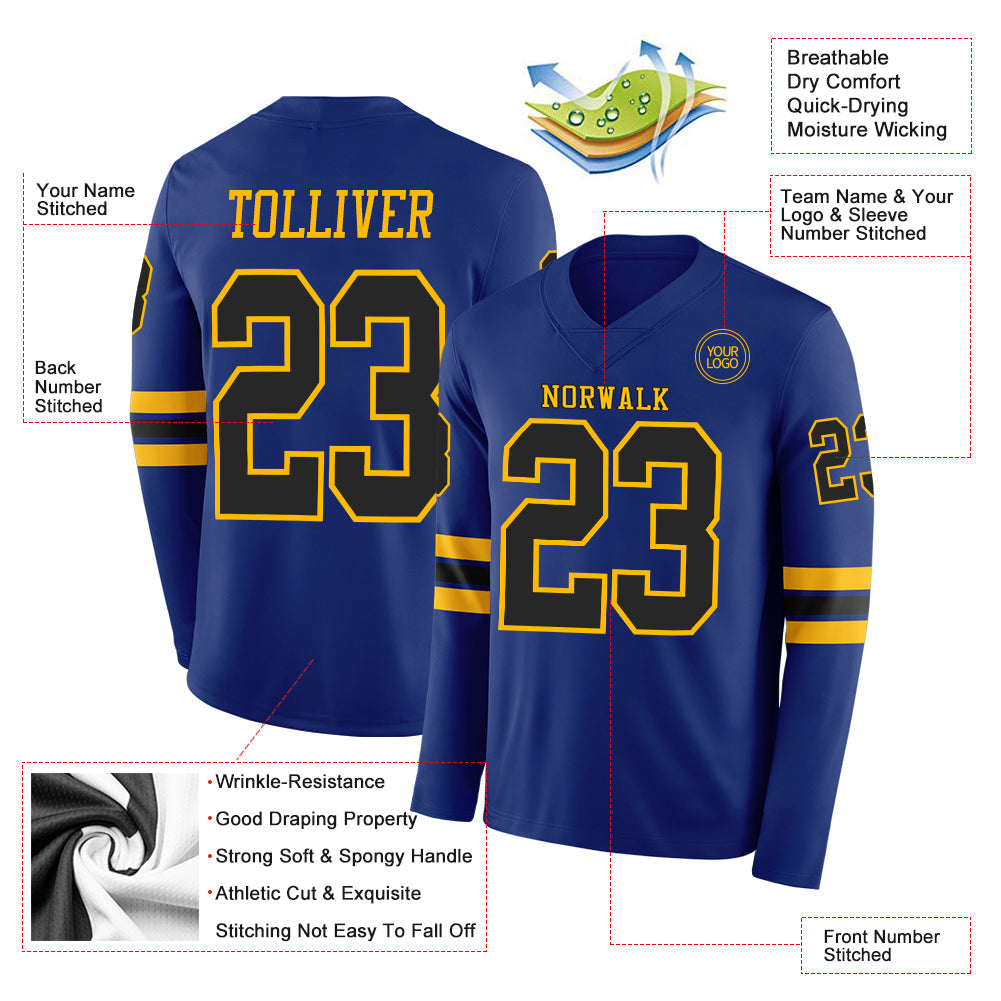Custom Royal Black-Gold Long Sleeve Authentic Football Jersey view 2