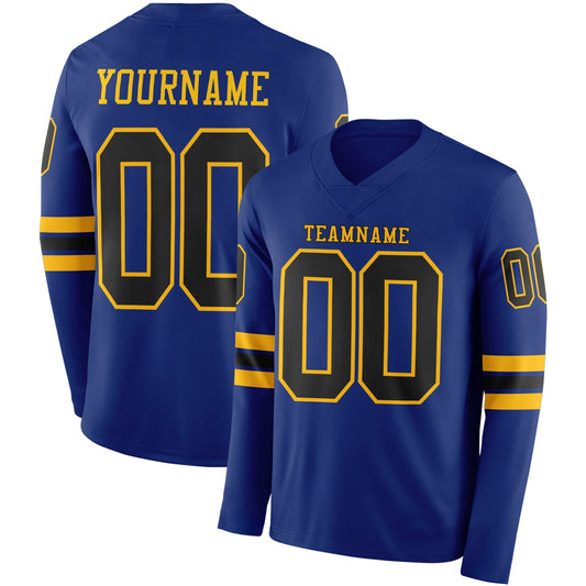 Custom Royal Black-Gold Long Sleeve Authentic Football Jersey - Main View