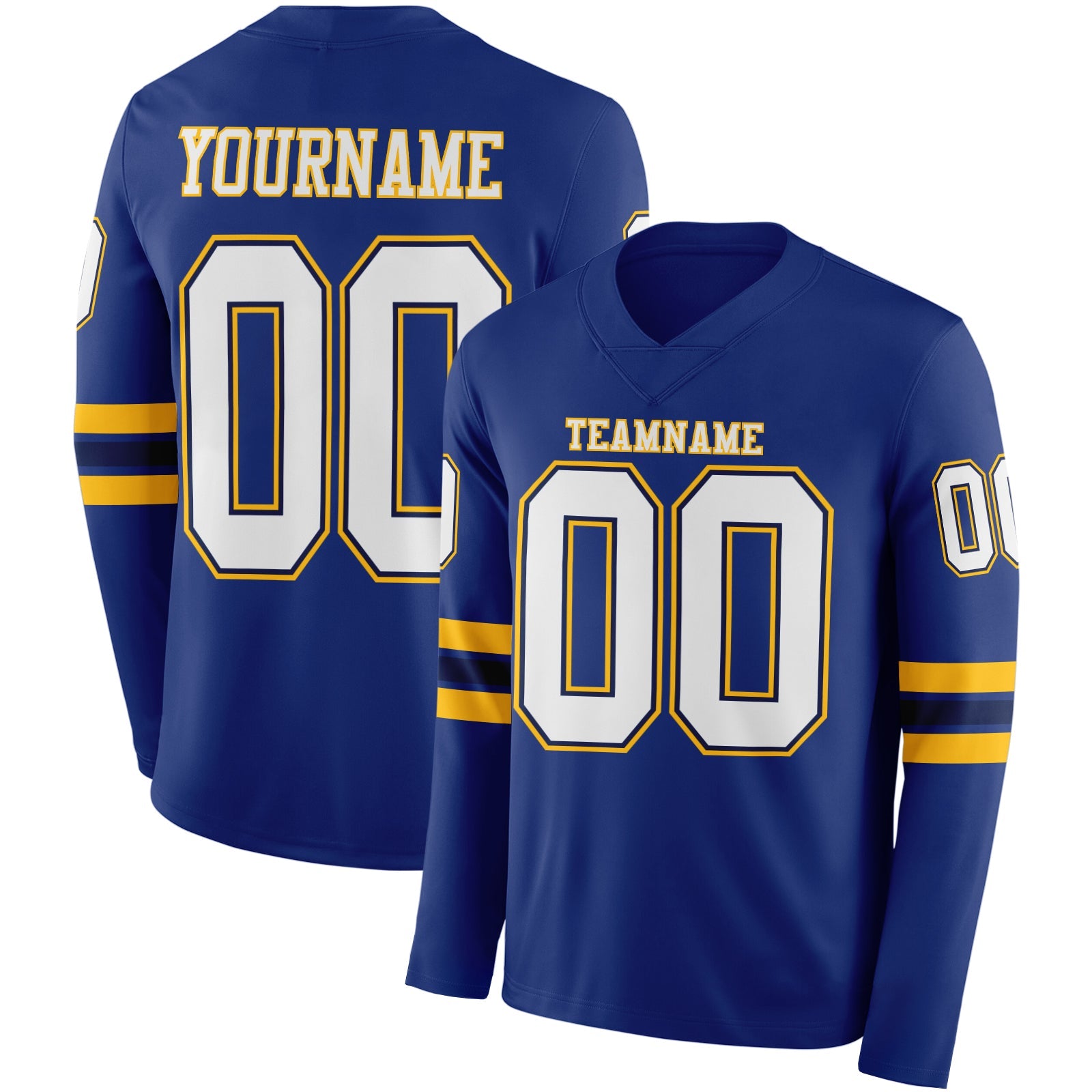Custom Royal White Navy-Gold Long Sleeve Authentic Football Jersey - Main View