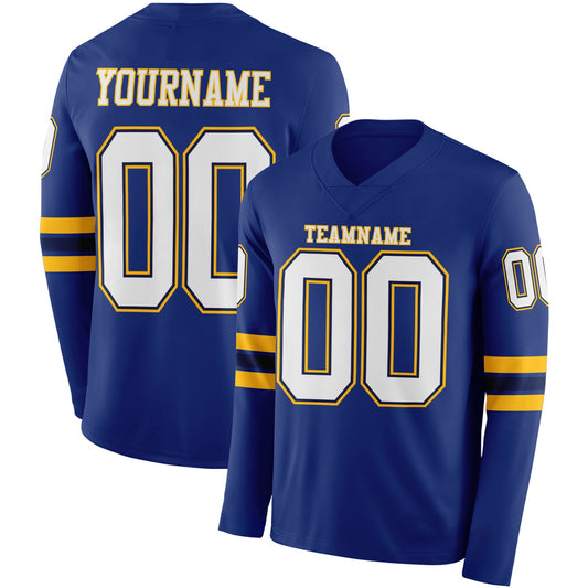 Custom Royal White Navy-Gold Long Sleeve Authentic Football Jersey - Main View