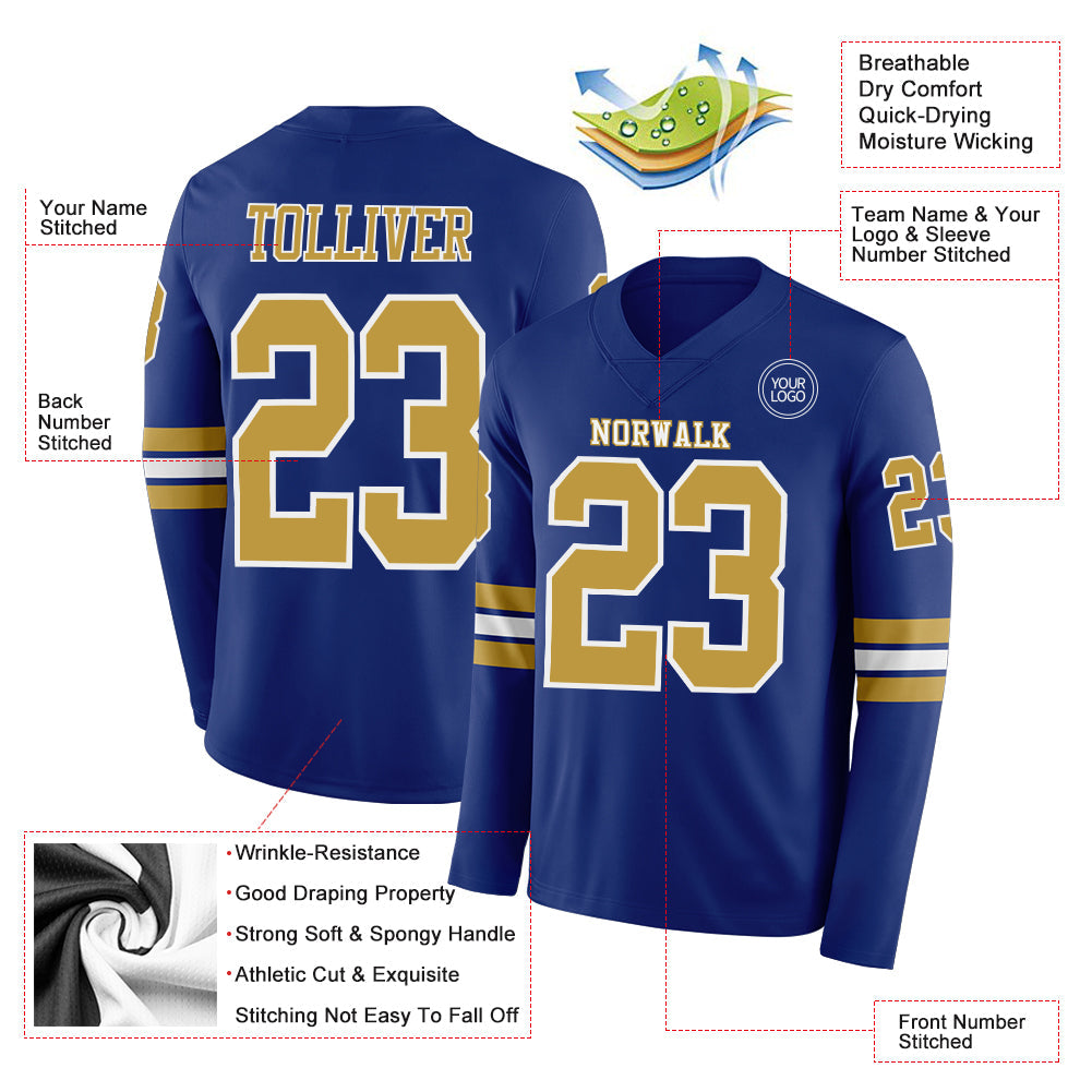 Custom Royal Old Gold-White Long Sleeve Authentic Football Jersey view 2
