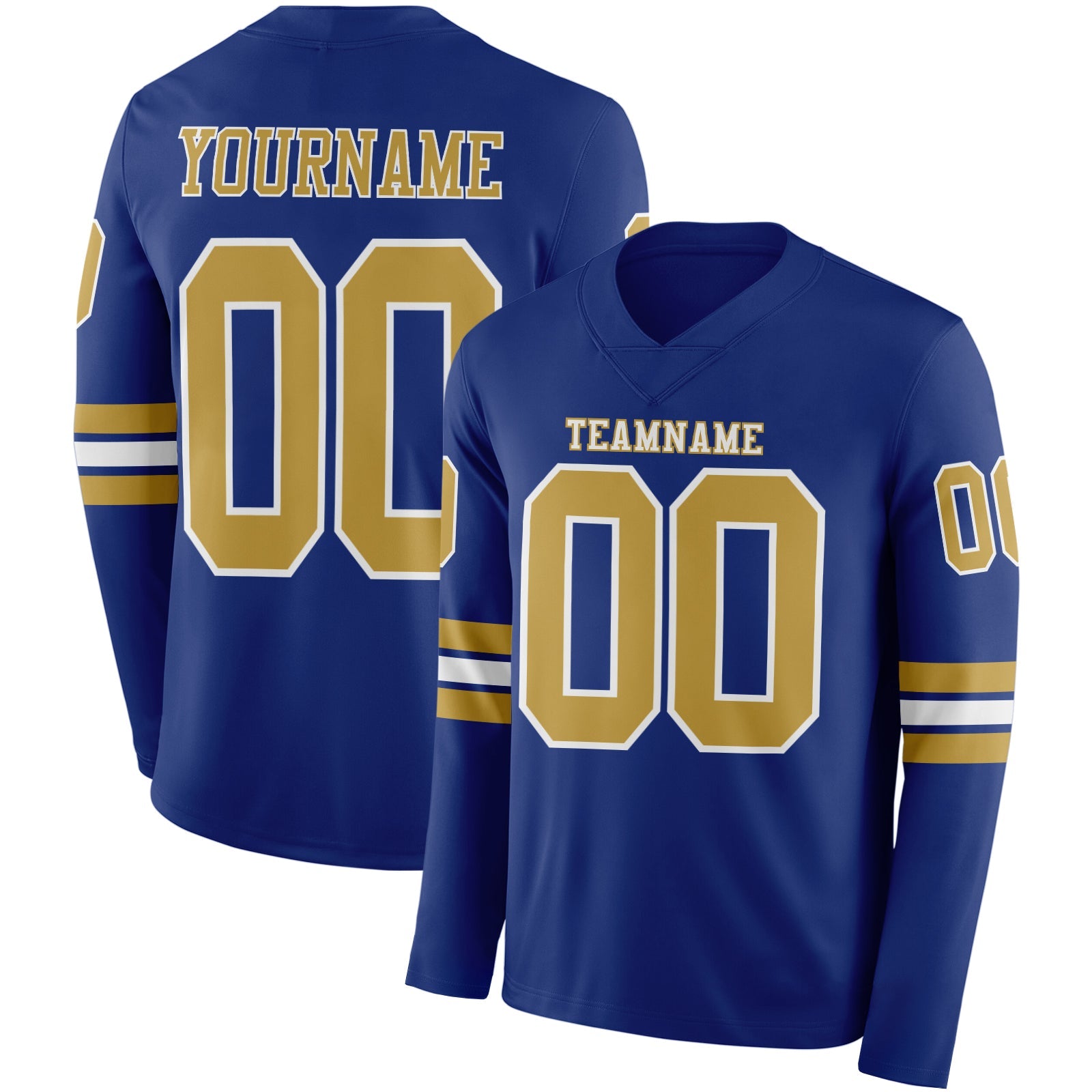 Custom Royal Old Gold-White Long Sleeve Authentic Football Jersey - Main View