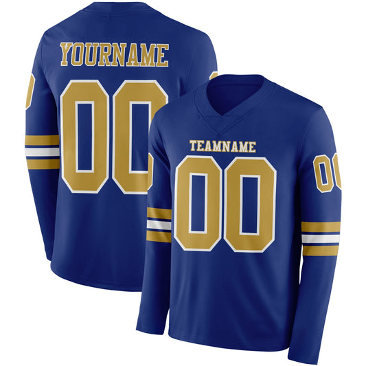 Custom Royal Old Gold-White Long Sleeve Authentic Football Jersey - Main View