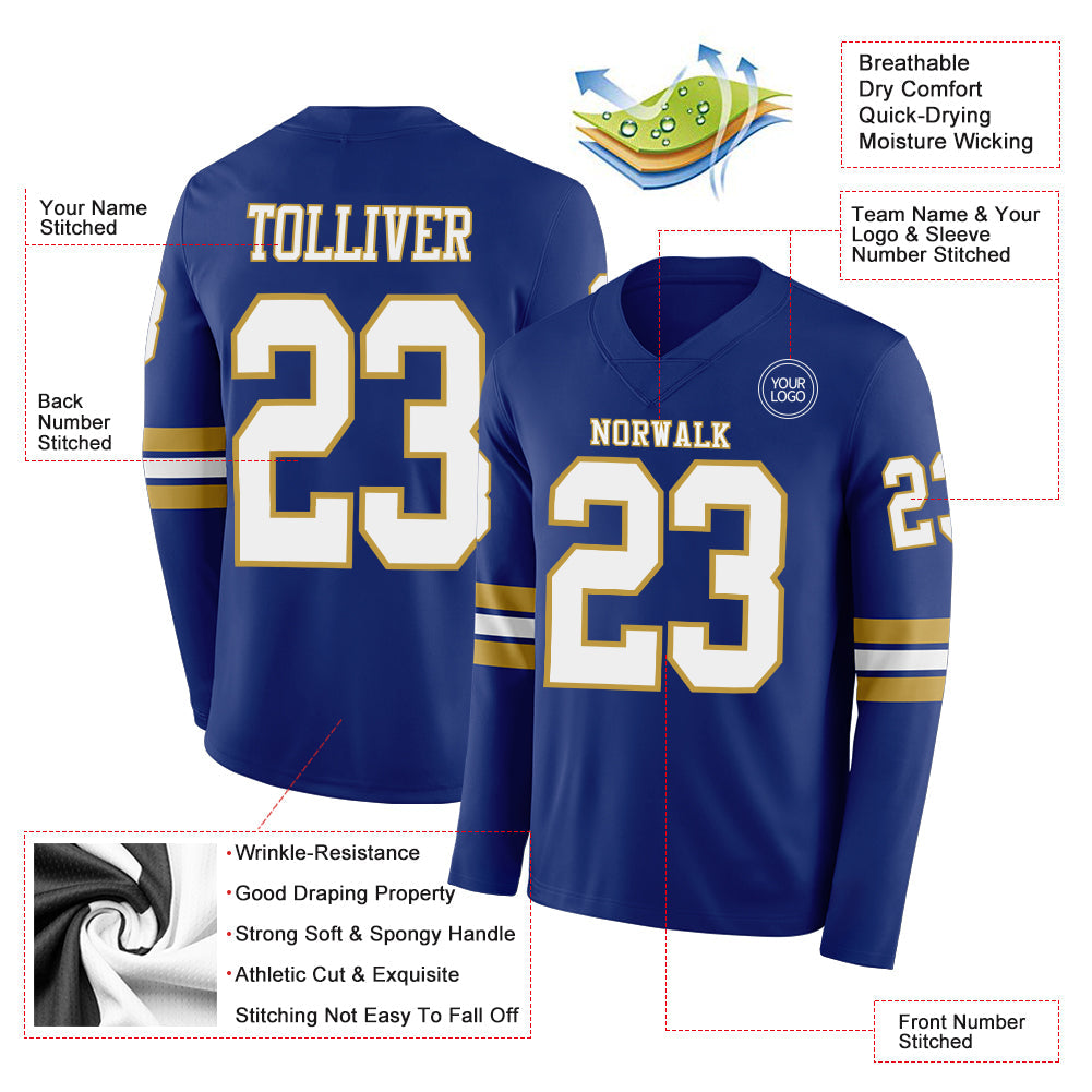 Custom Royal White-Old Gold Long Sleeve Authentic Football Jersey view 2
