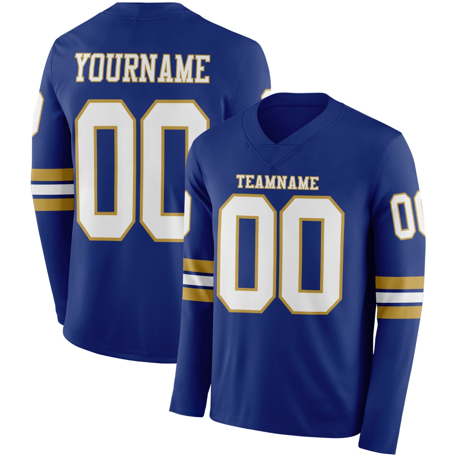 Custom Royal White-Old Gold Long Sleeve Authentic Football Jersey - Main View