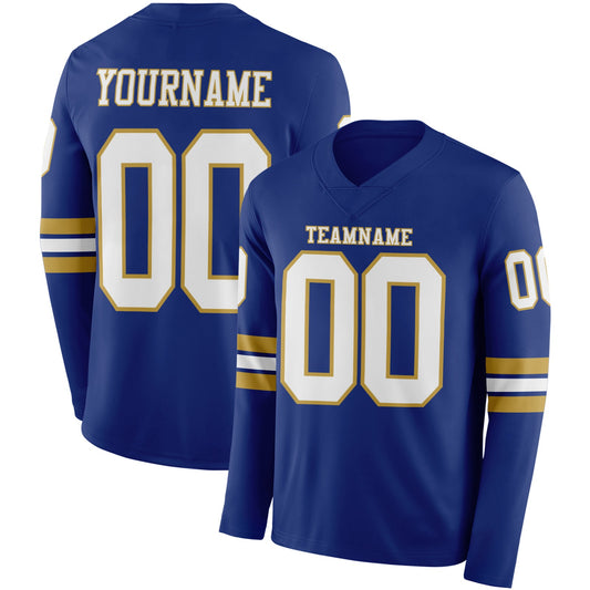 Custom Royal White-Old Gold Long Sleeve Authentic Football Jersey - Main View
