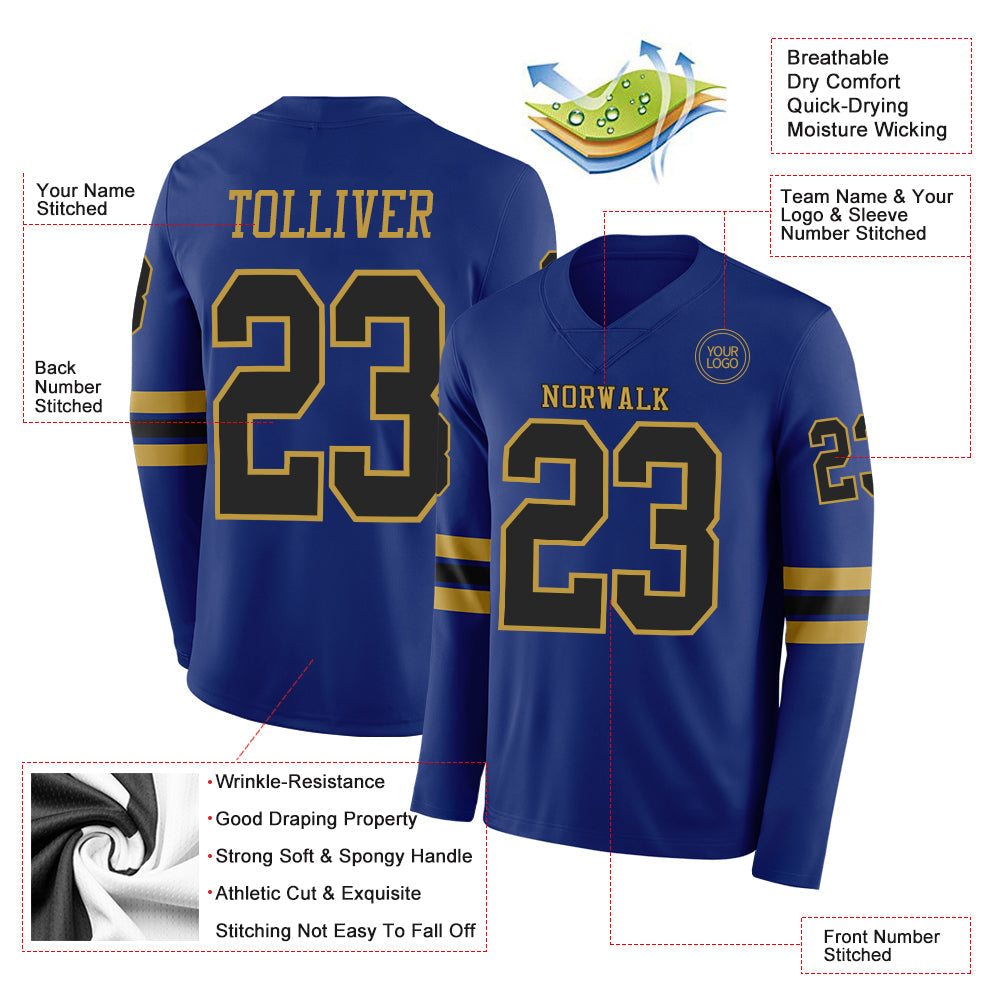 Custom Royal Black-Old Gold Long Sleeve Authentic Football Jersey view 2