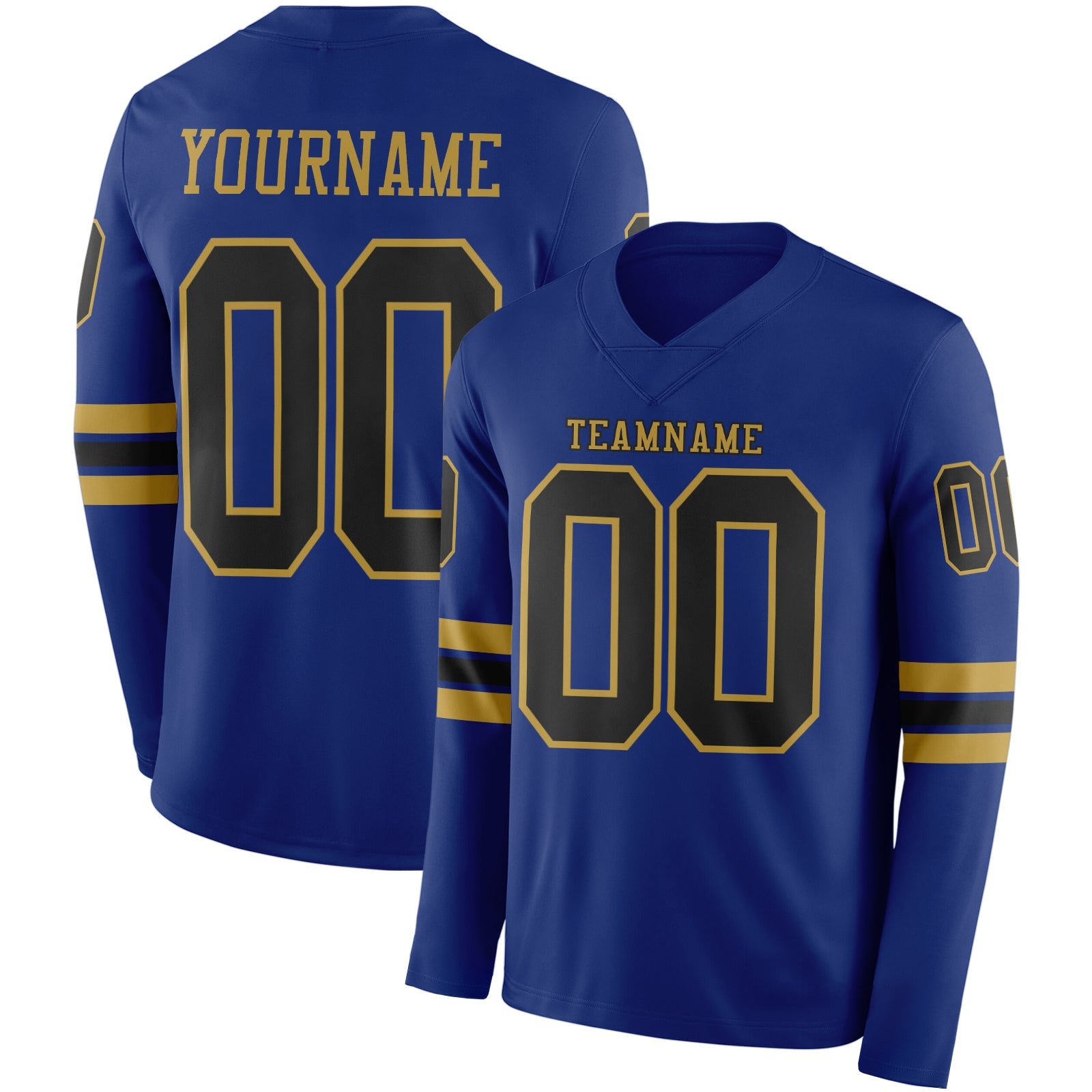 Custom Royal Black-Old Gold Long Sleeve Authentic Football Jersey - Main View