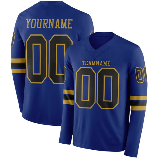 Custom Royal Black-Old Gold Long Sleeve Authentic Football Jersey - Main View