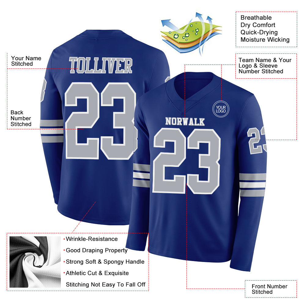 Custom Royal Gray-White Long Sleeve Authentic Football Jersey view 2
