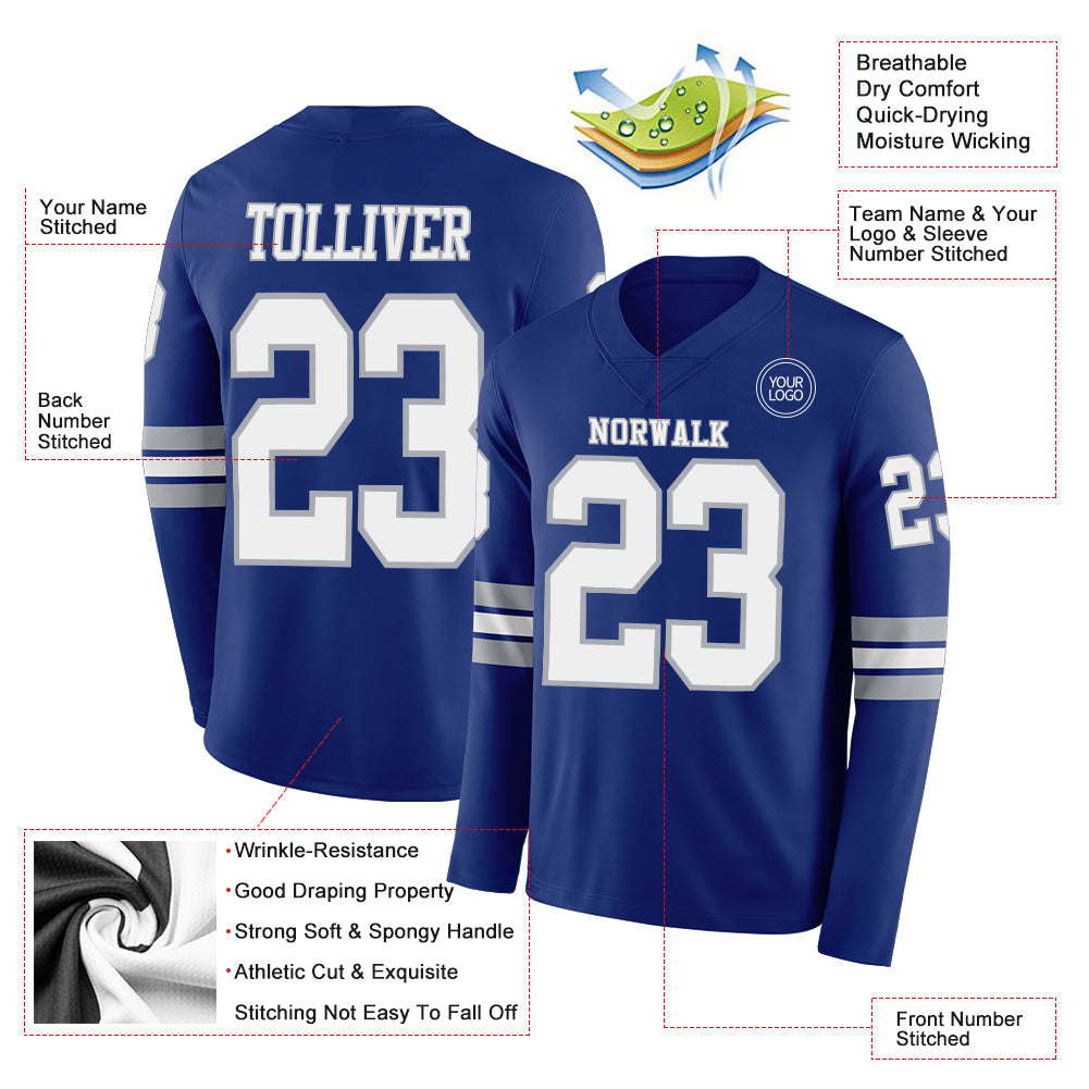 Custom Royal White-Gray Long Sleeve Authentic Football Jersey view 2