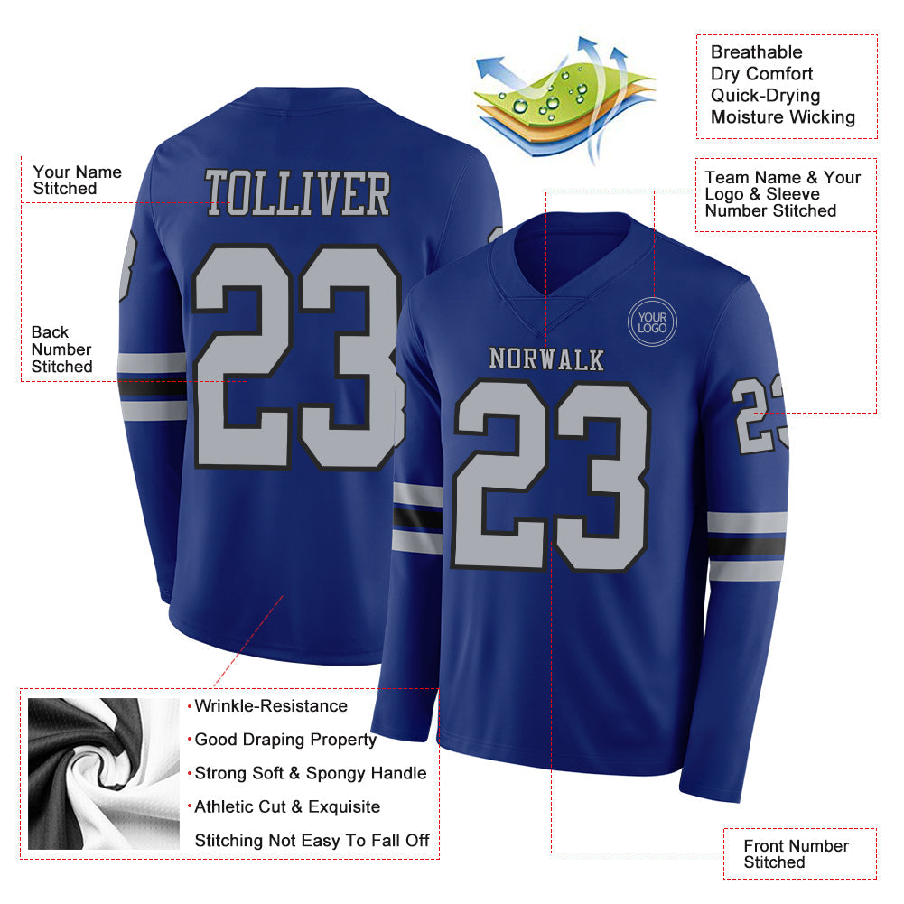 Custom Royal Gray-Black Long Sleeve Authentic Football Jersey view 2