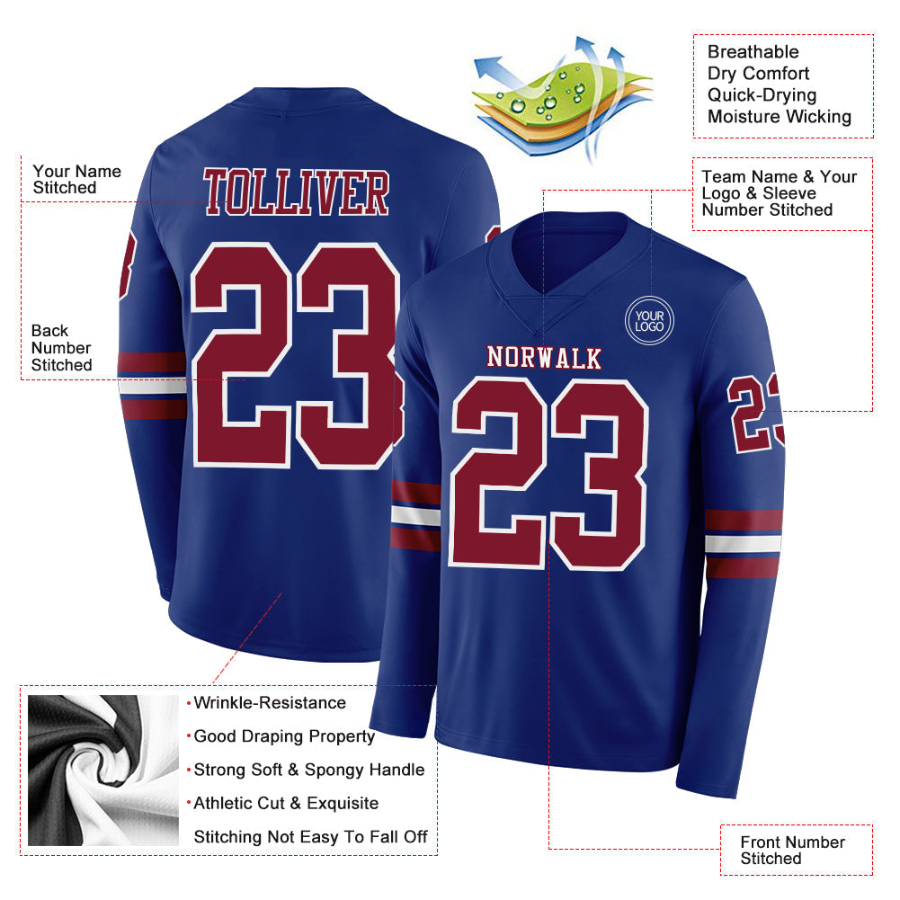 Custom Royal Crimson-White Long Sleeve Authentic Football Jersey view 2