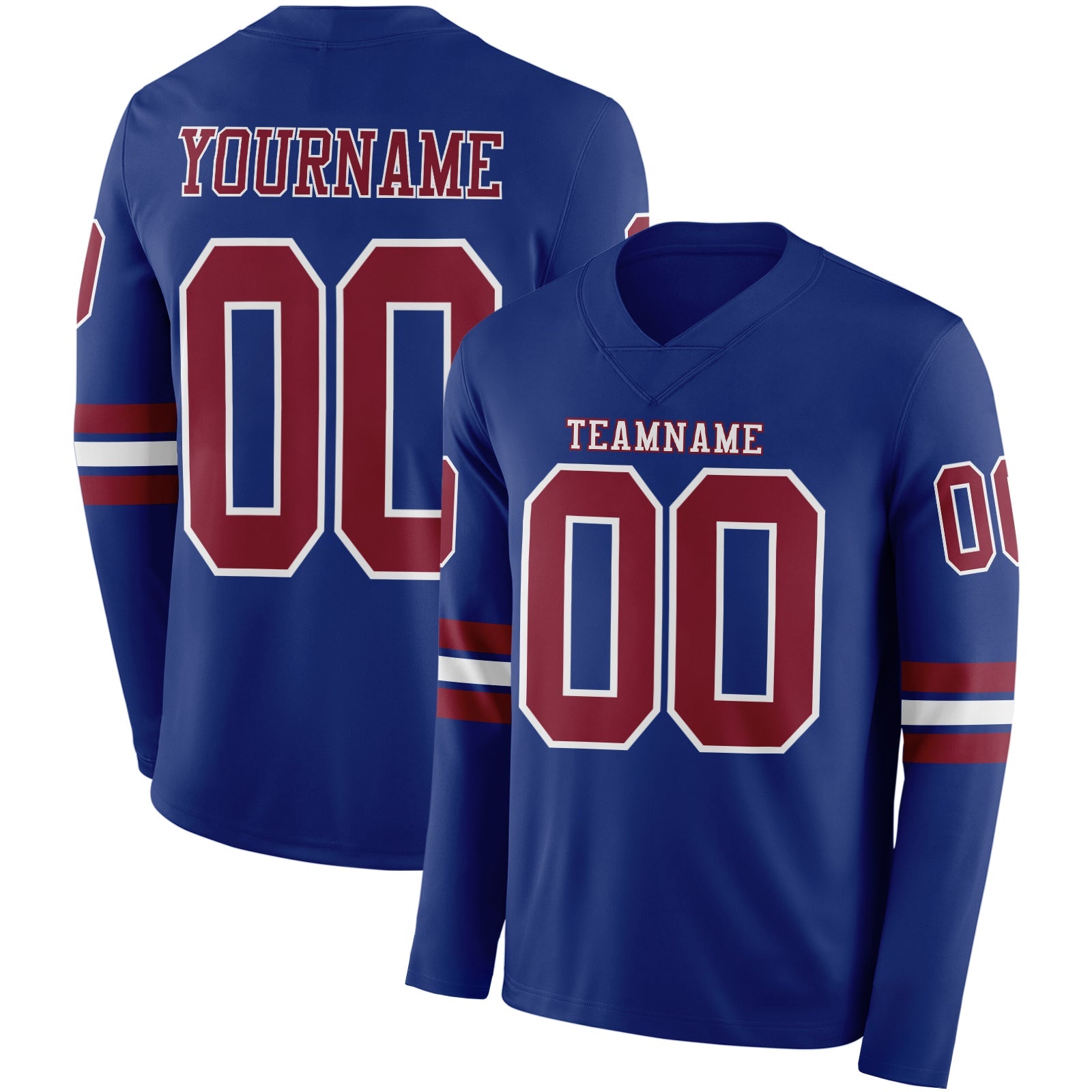 Custom Royal Crimson-White Long Sleeve Authentic Football Jersey - Main View