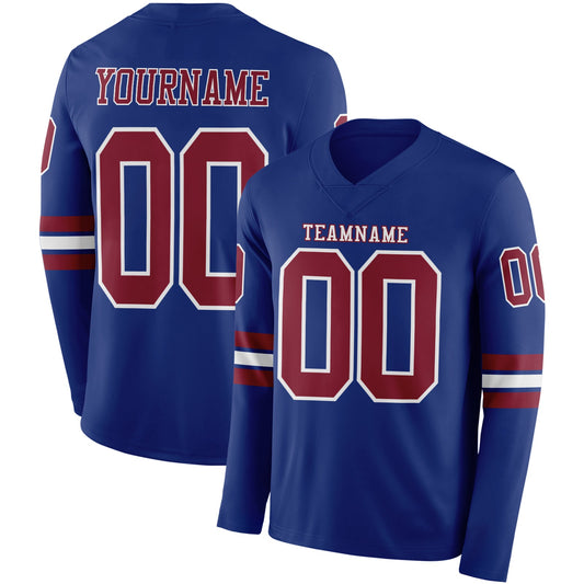 Custom Royal Crimson-White Long Sleeve Authentic Football Jersey - Main View