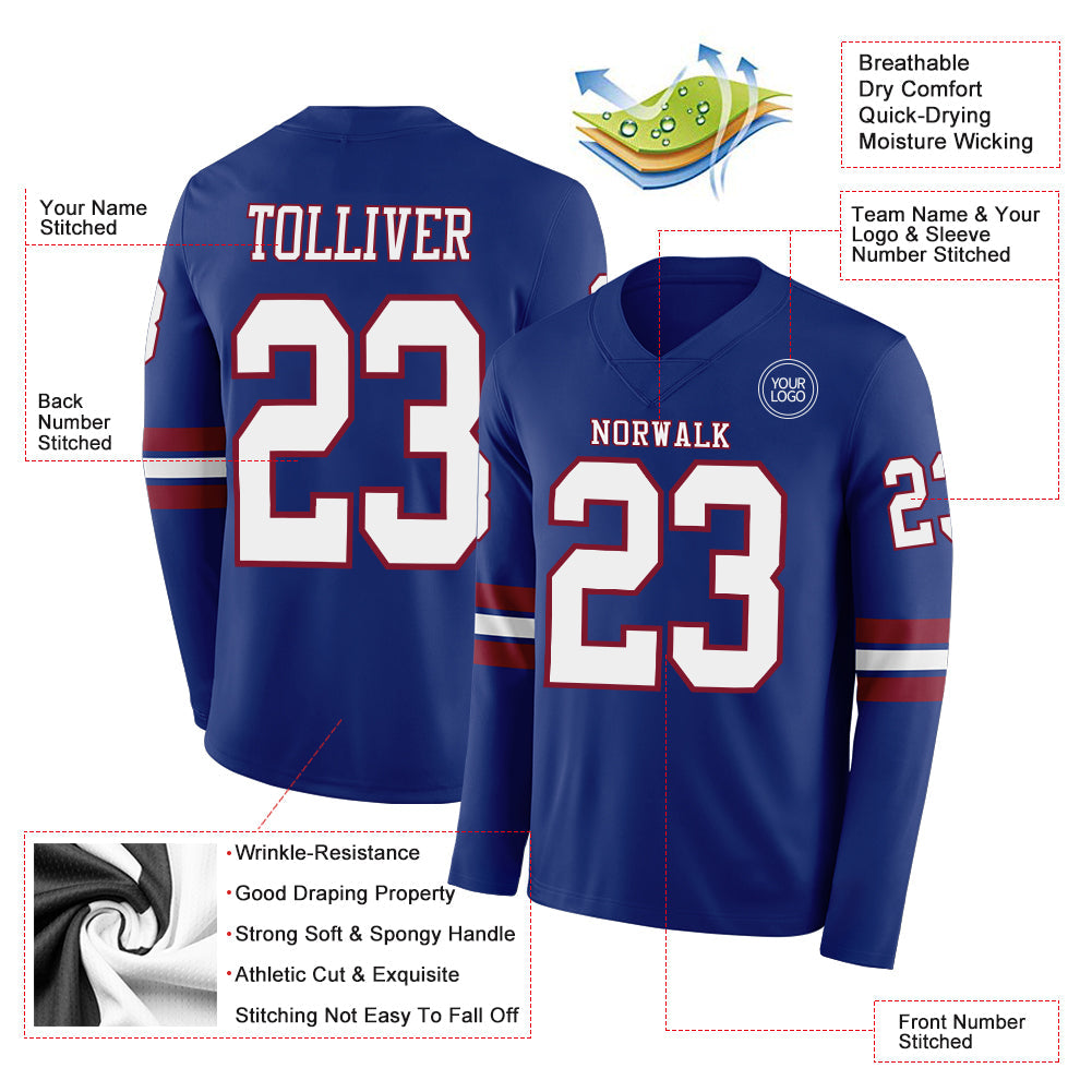 Custom Royal White-Crimson Long Sleeve Authentic Football Jersey view 2