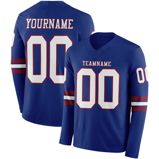 Custom Royal White-Crimson Long Sleeve Authentic Football Jersey - Main View