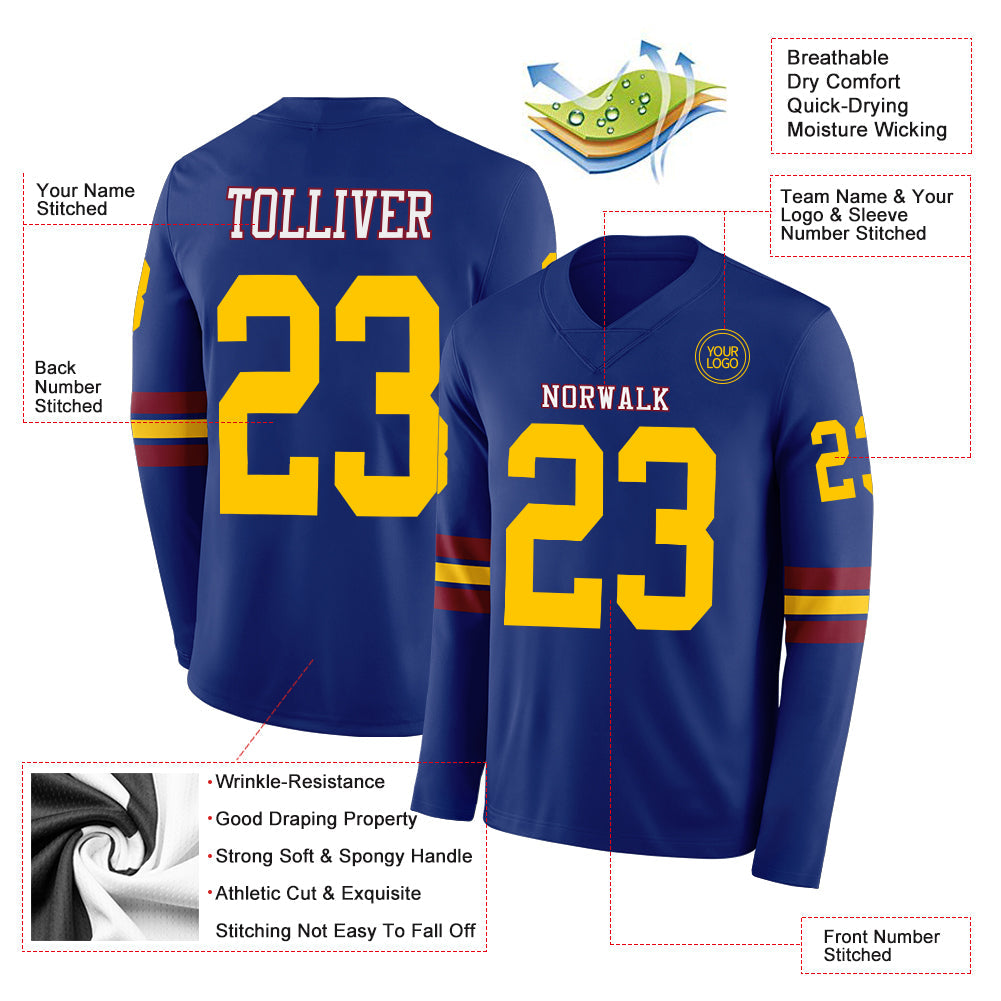 Custom Royal Yellow Crimson-White Long Sleeve Authentic Football Jersey view 2