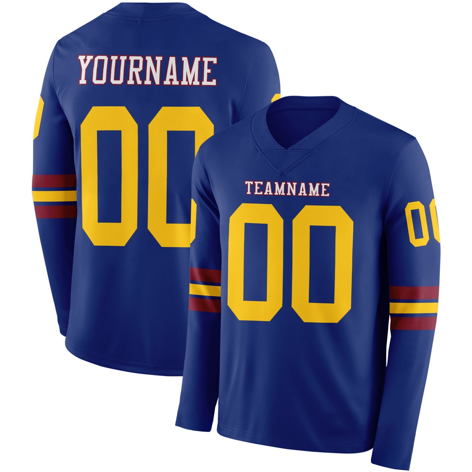 Custom Royal Yellow Crimson-White Long Sleeve Authentic Football Jersey - Main View