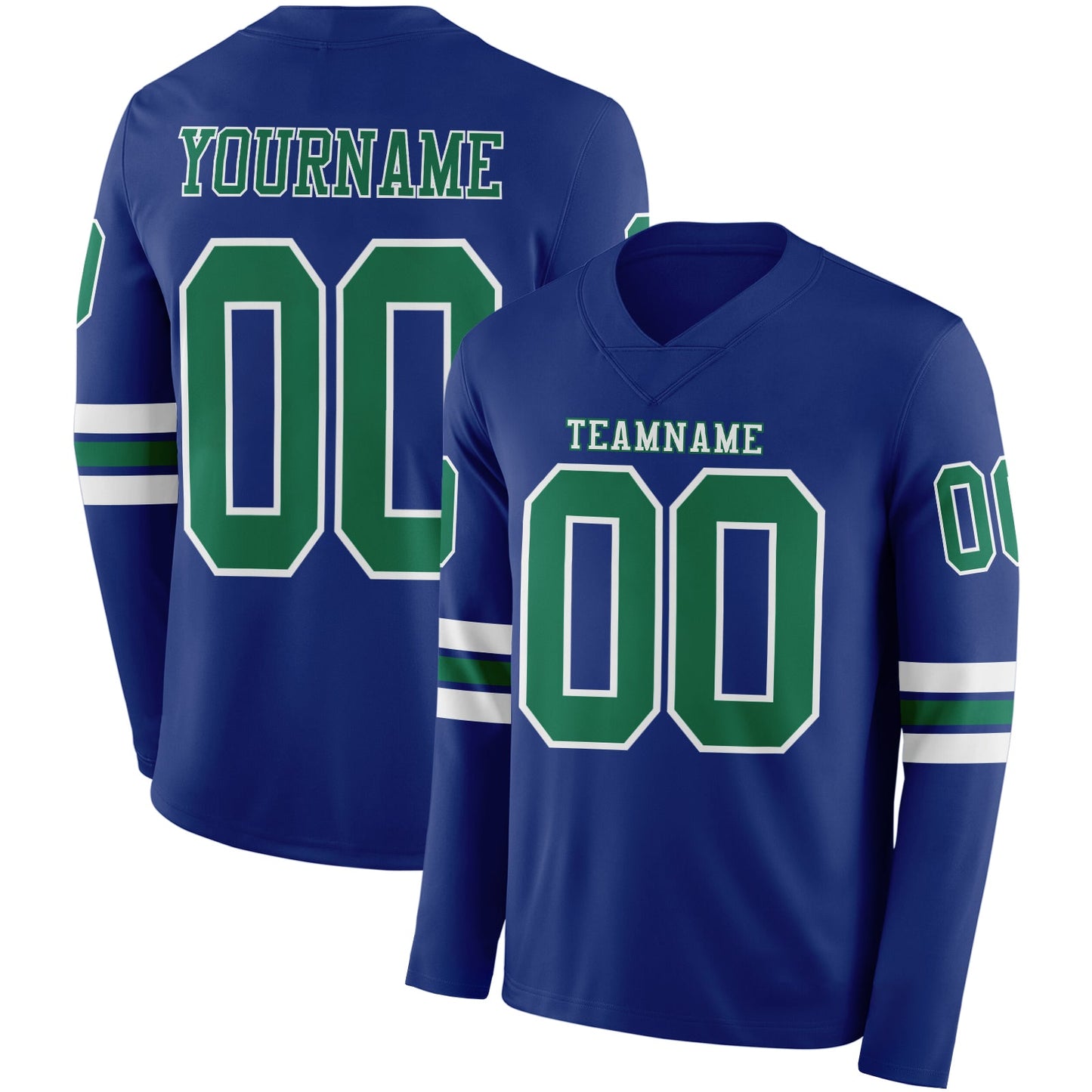 Custom Royal Kelly Green-White Long Sleeve Authentic Football Jersey - Main View