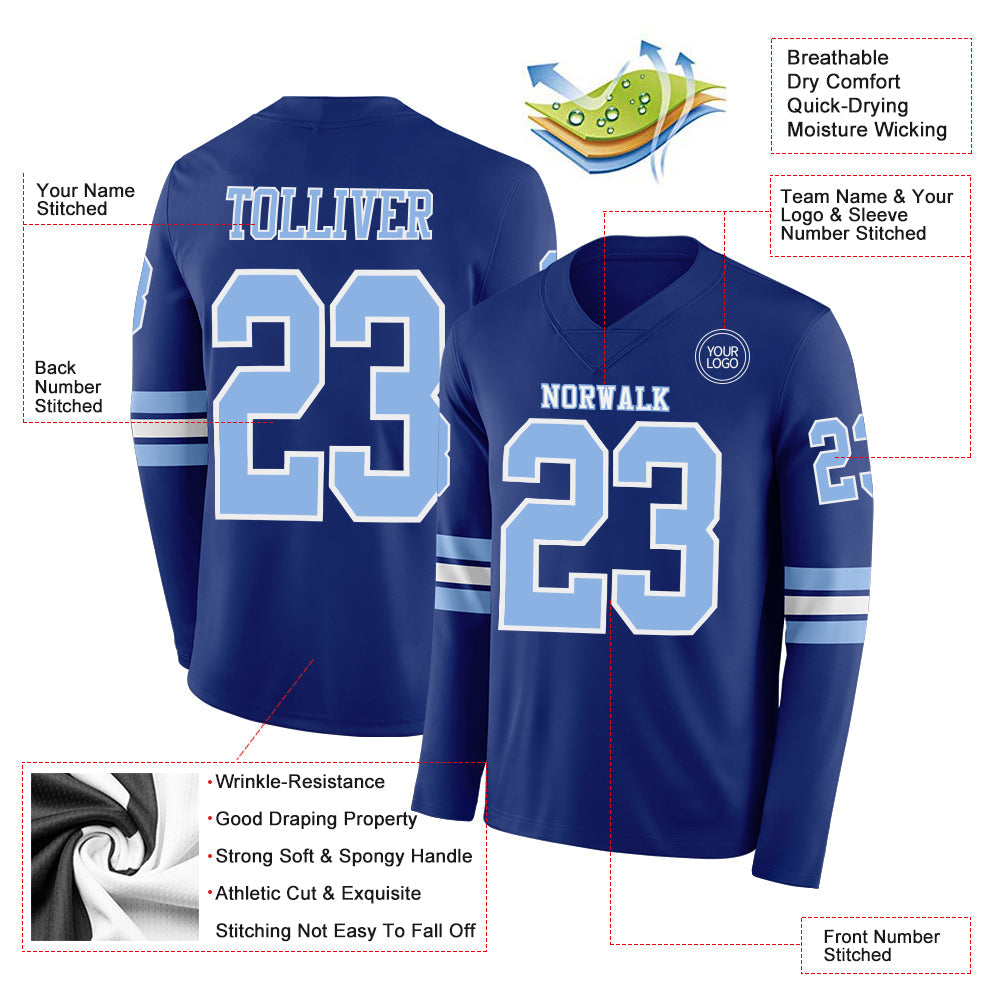 Custom Royal Light Blue-White Long Sleeve Authentic Football Jersey view 2