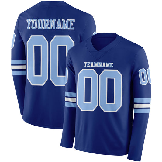 Custom Royal Light Blue-White Long Sleeve Authentic Football Jersey - Main View