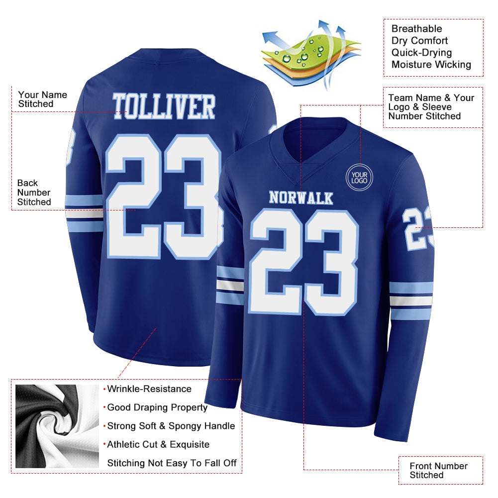 Custom Royal White-Light Blue Long Sleeve Authentic Football Jersey view 2