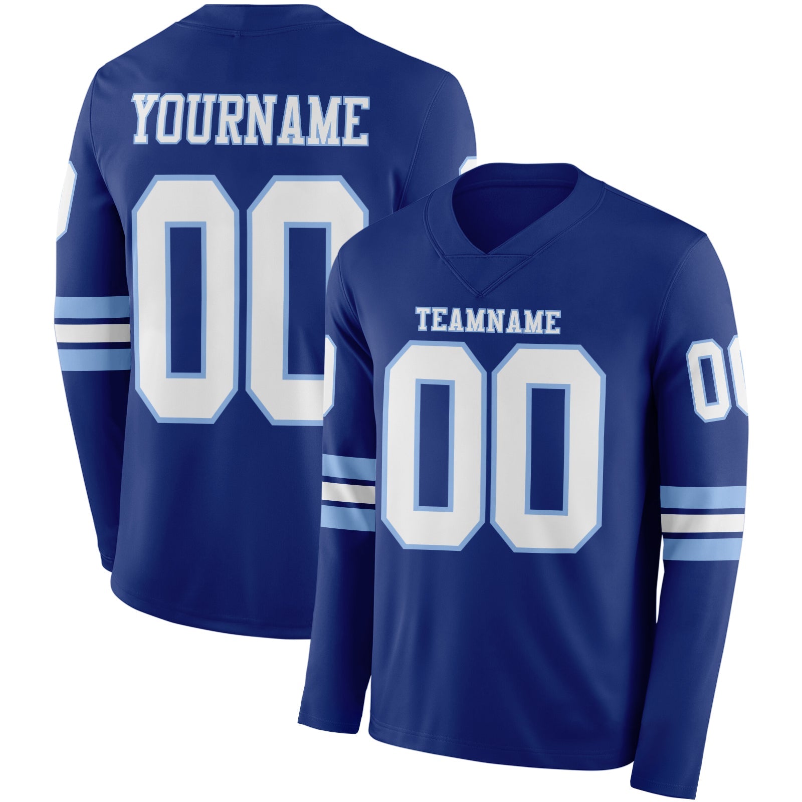 Custom Royal White-Light Blue Long Sleeve Authentic Football Jersey - Main View
