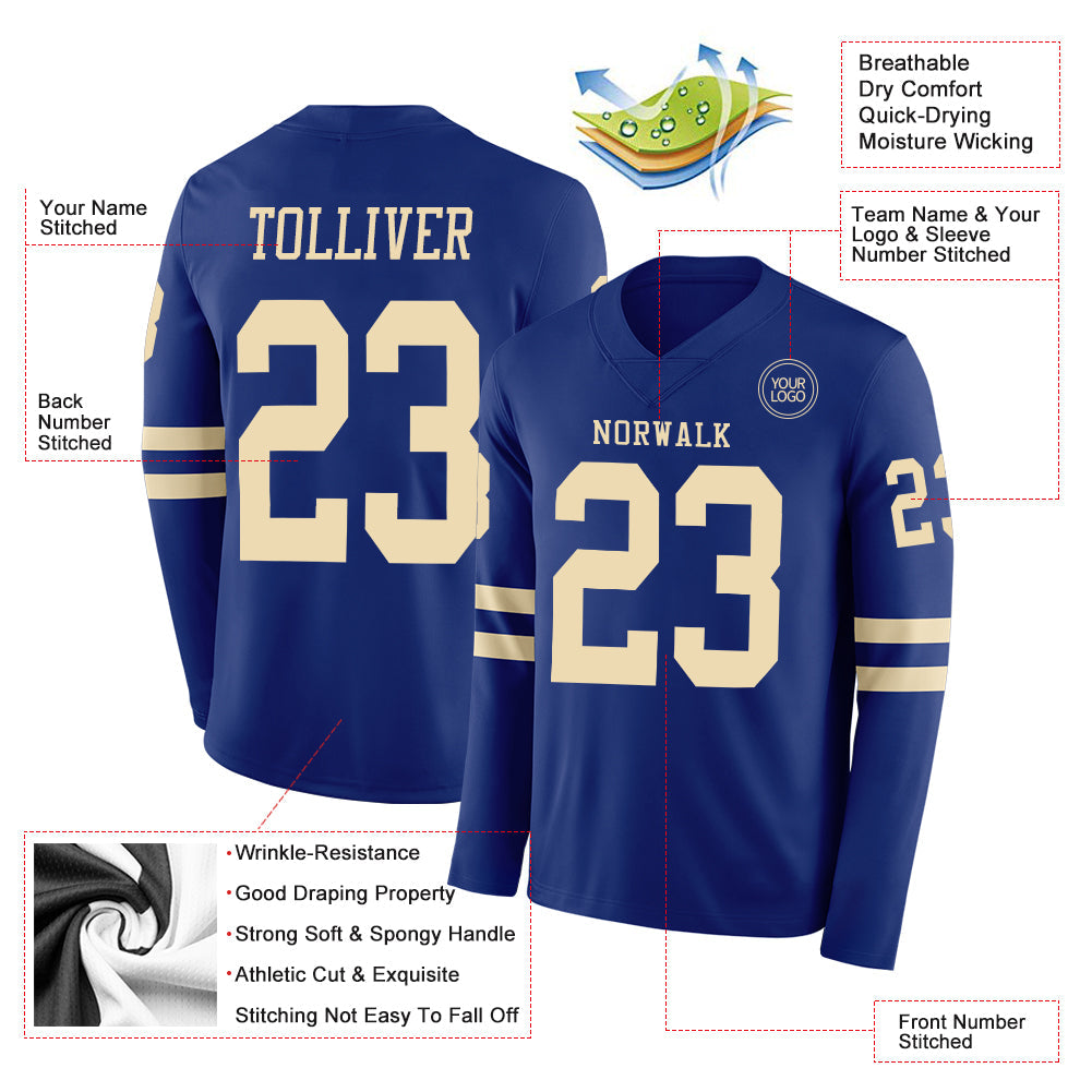 Custom Royal Cream Long Sleeve Authentic Football Jersey view 2