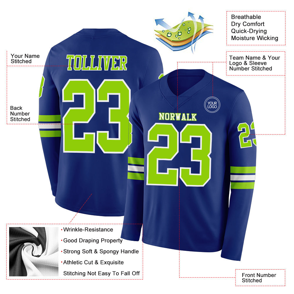 Custom Royal Neon Green-White Long Sleeve Authentic Football Jersey view 2