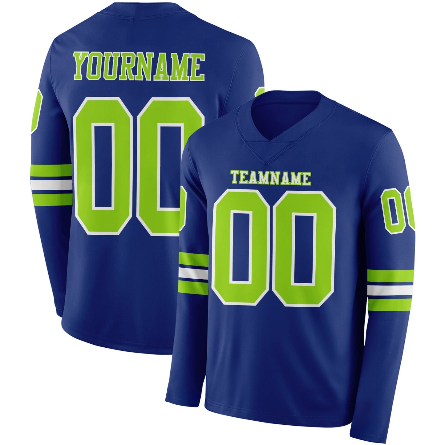 Custom Royal Neon Green-White Long Sleeve Authentic Football Jersey - Main View