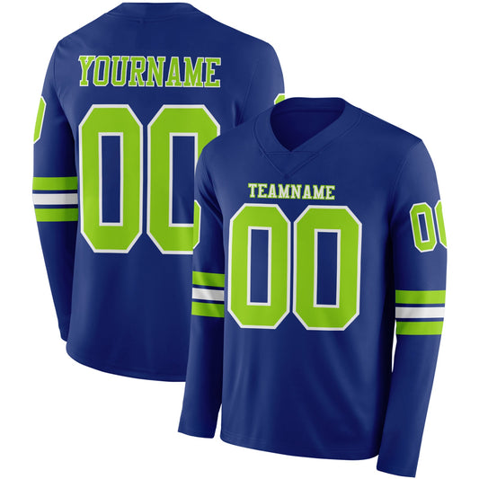 Custom Royal Neon Green-White Long Sleeve Authentic Football Jersey - Main View