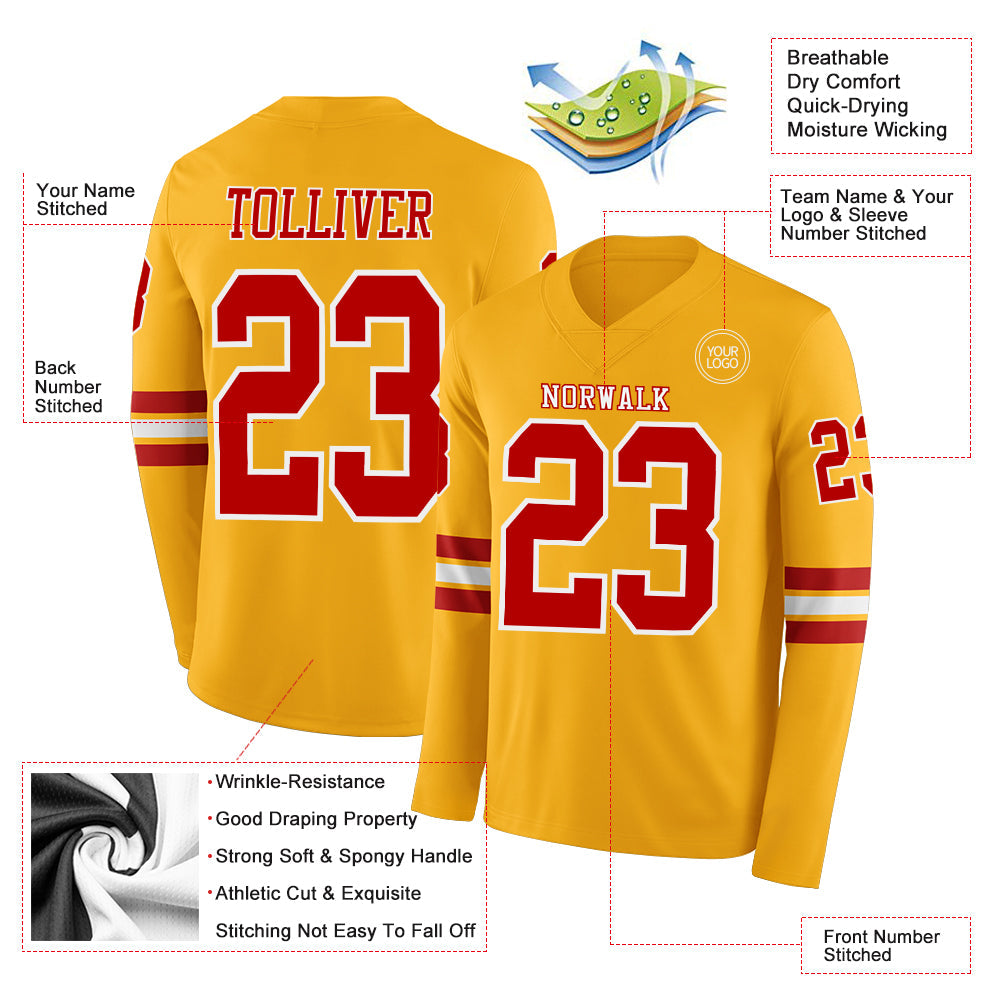 Custom Gold Red-White Long Sleeve Authentic Football Jersey view 2