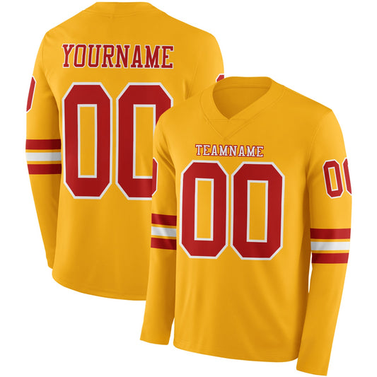 Custom Gold Red-White Long Sleeve Authentic Football Jersey - Main View