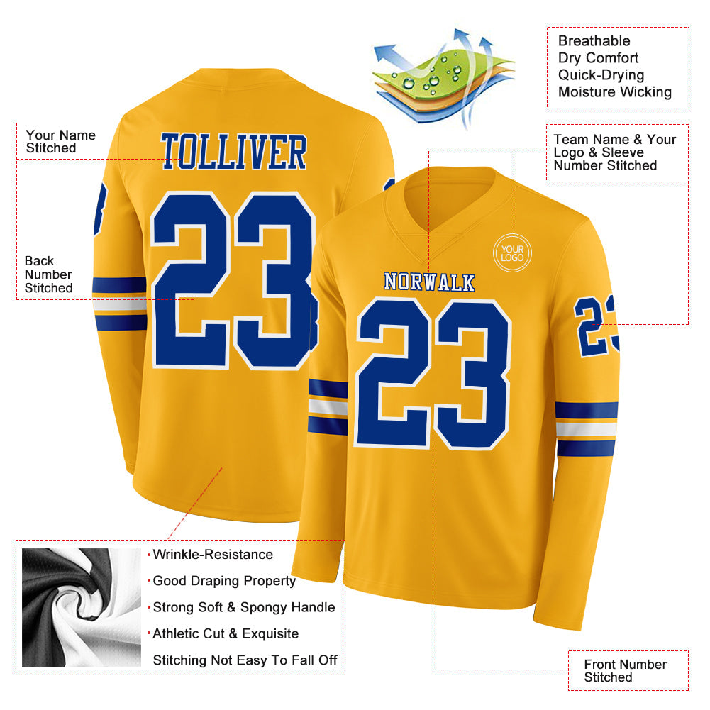 Custom Gold Royal-White Long Sleeve Authentic Football Jersey view 2