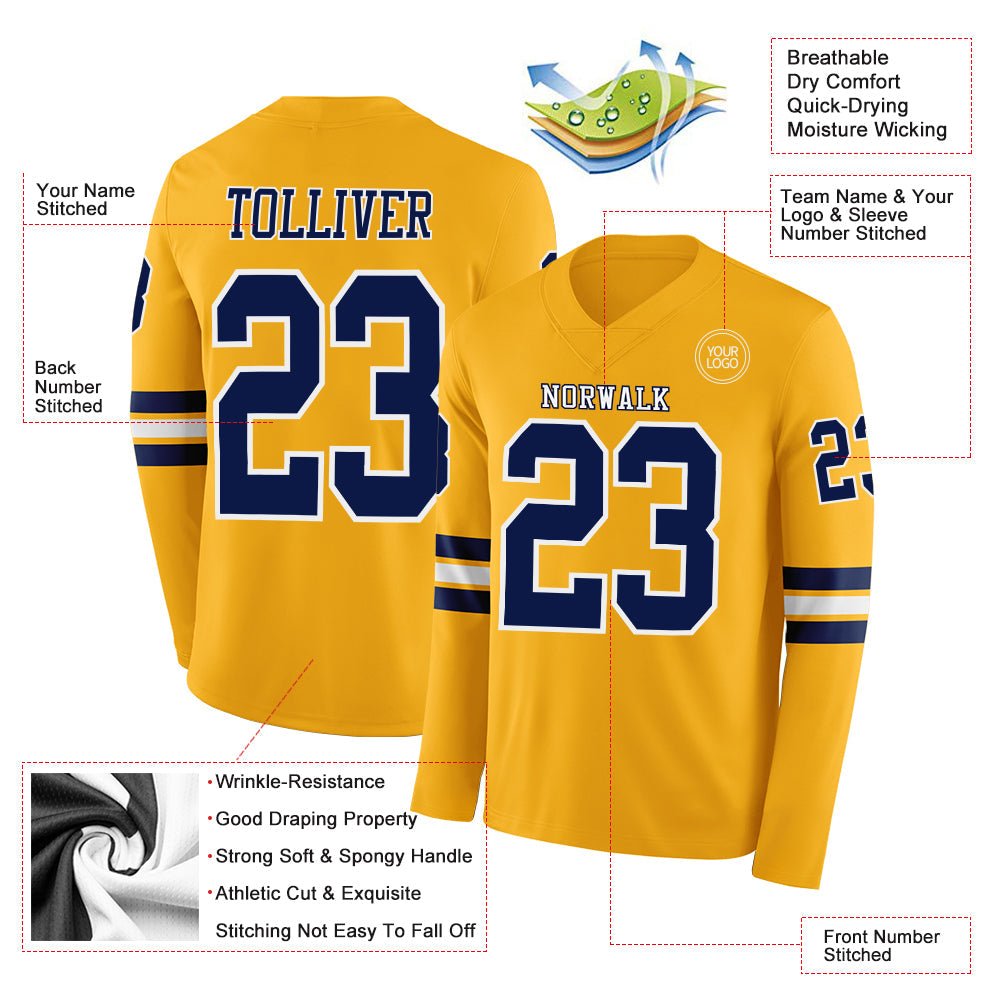 Custom Gold Navy-White Long Sleeve Authentic Football Jersey view 2