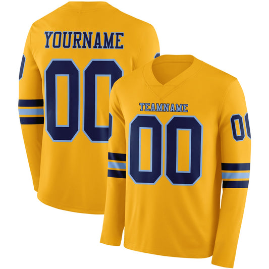 Custom Gold Navy-Light Blue Long Sleeve Authentic Football Jersey - Main View