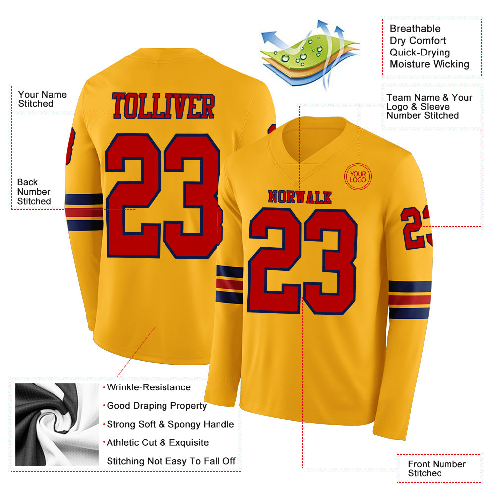 Custom Gold Red-Navy Long Sleeve Authentic Football Jersey view 2