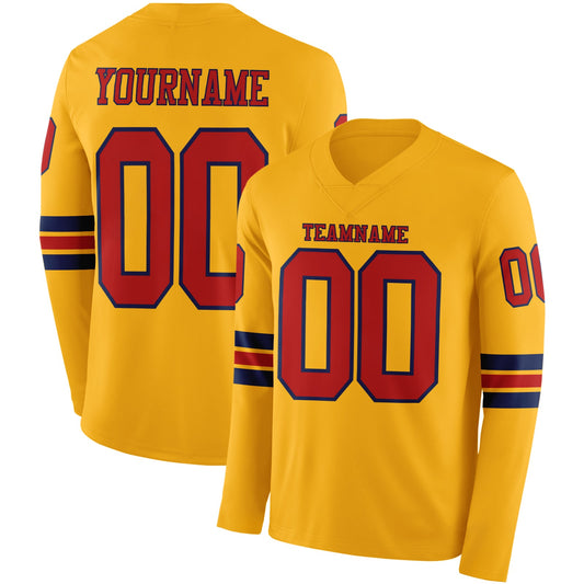 Custom Gold Red-Navy Long Sleeve Authentic Football Jersey - Main View