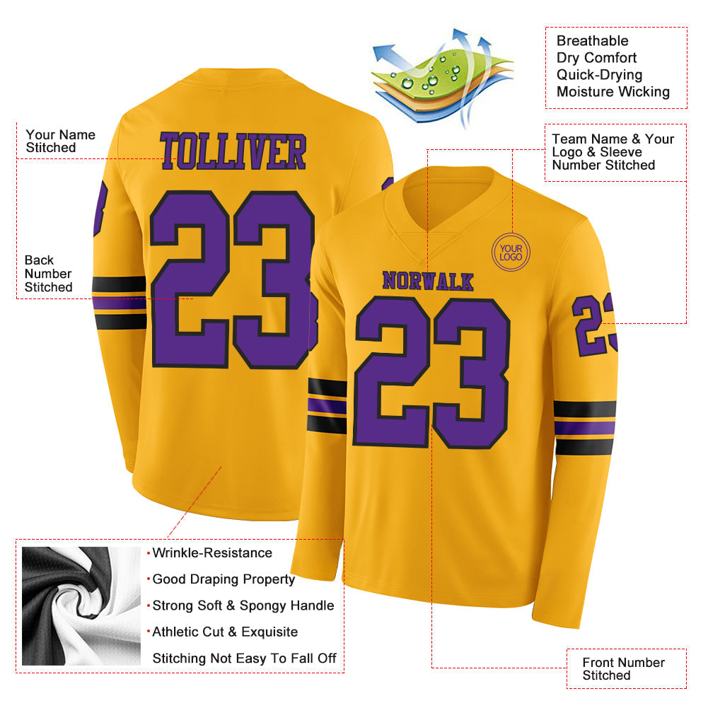 Custom Gold Purple-Black Long Sleeve Authentic Football Jersey view 2