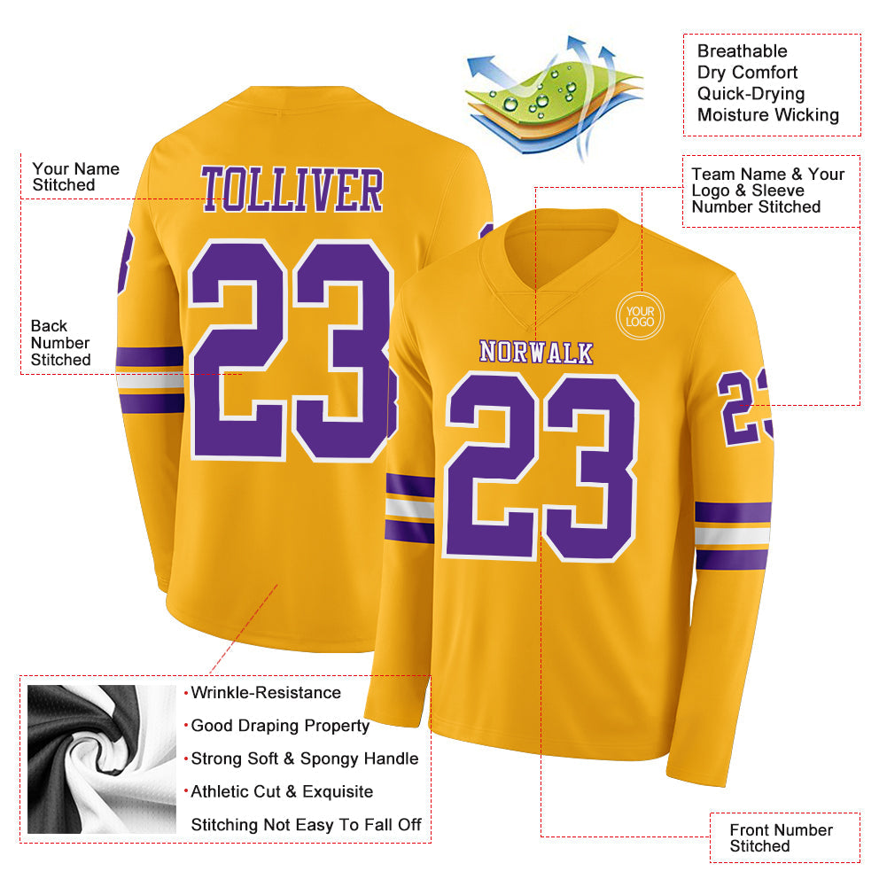 Custom Gold Purple-White Long Sleeve Authentic Football Jersey view 2