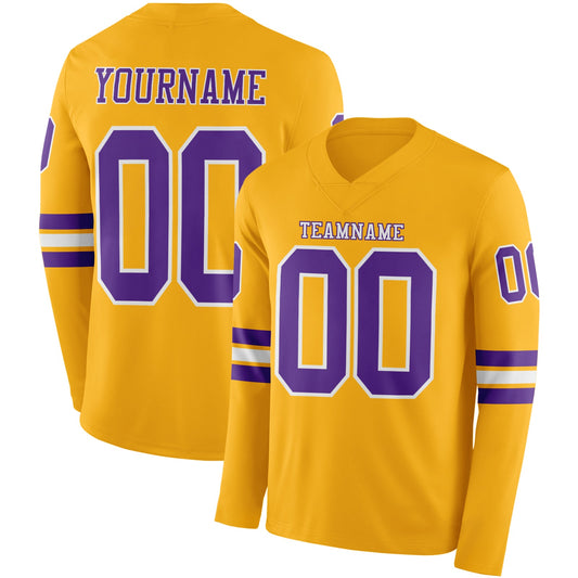 Custom Gold Purple-White Long Sleeve Authentic Football Jersey - Main View