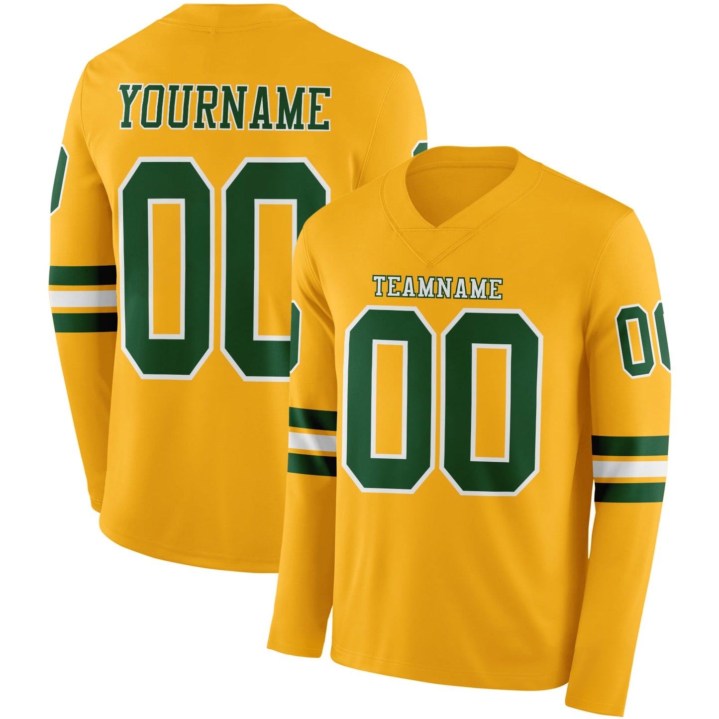 Custom Gold Green-White Long Sleeve Authentic Football Jersey - Main View