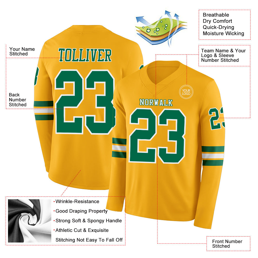 Custom Gold Kelly Green-White Long Sleeve Authentic Football Jersey view 2