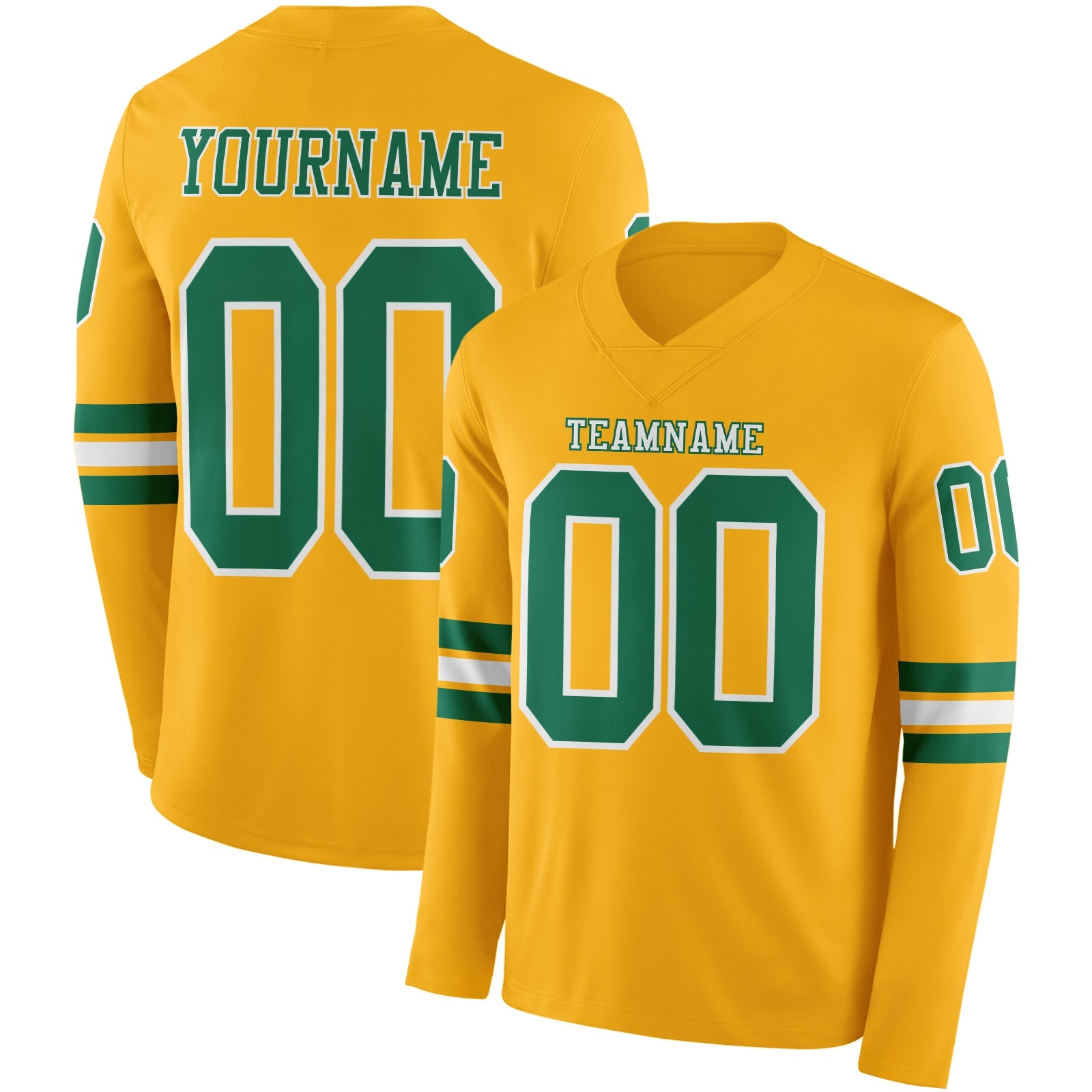 Custom Gold Kelly Green-White Long Sleeve Authentic Football Jersey - Main View