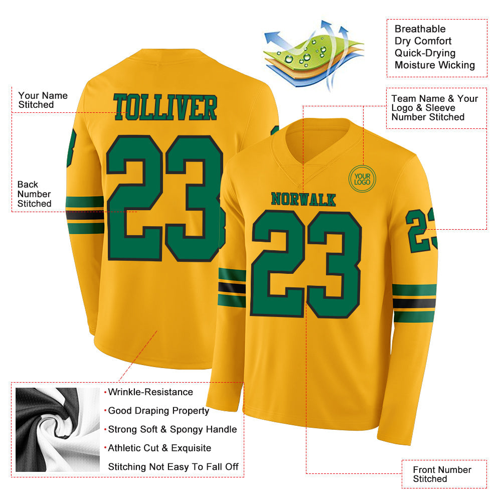 Custom Gold Kelly Green-Black Long Sleeve Authentic Football Jersey view 2