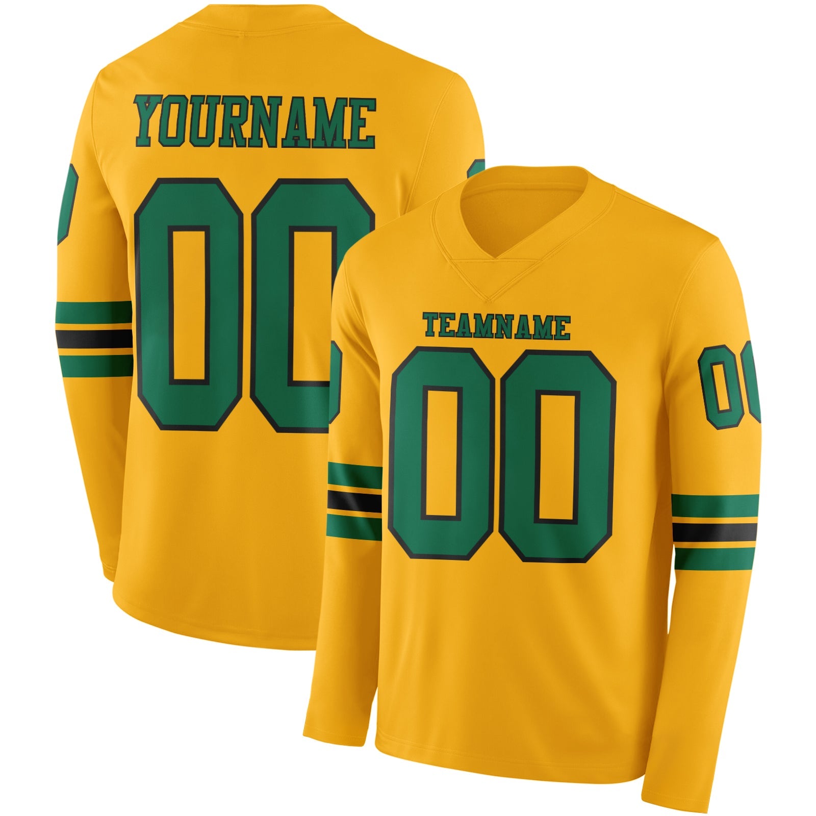 Custom Gold Kelly Green-Black Long Sleeve Authentic Football Jersey - Main View