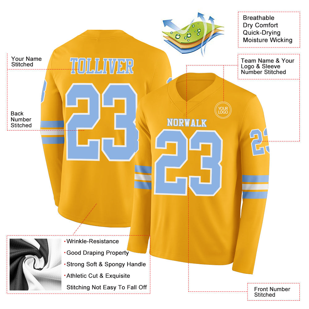 Custom Gold Light Blue-White Long Sleeve Authentic Football Jersey view 2