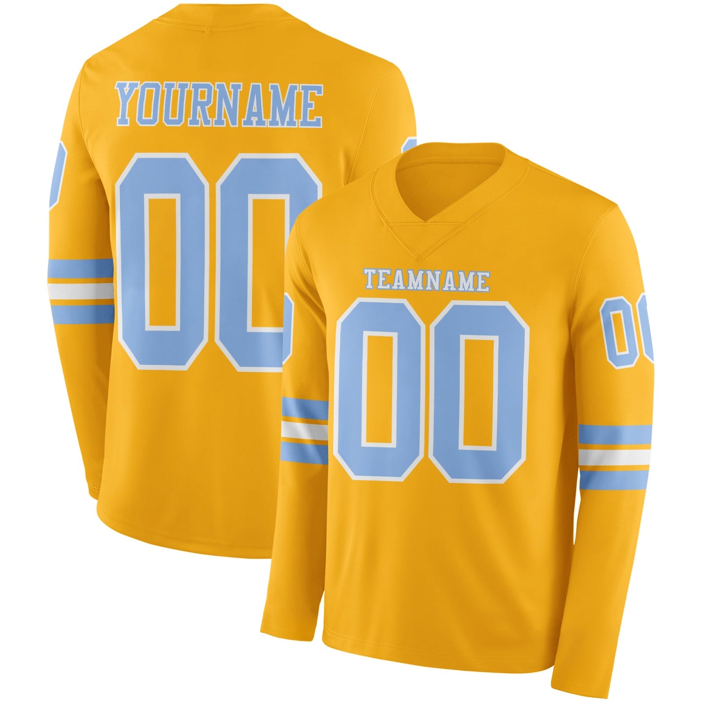 Custom Gold Light Blue-White Long Sleeve Authentic Football Jersey - Main View