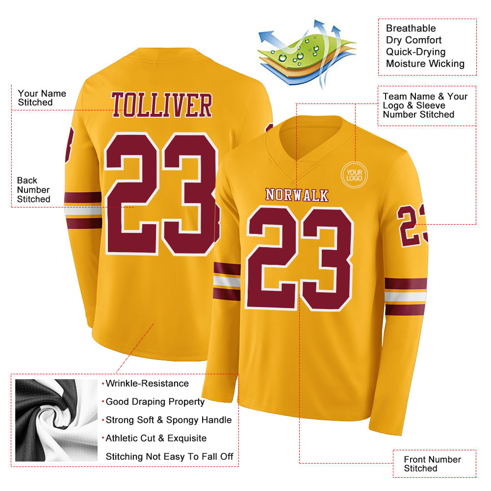 Custom Gold Crimson-White Long Sleeve Authentic Football Jersey view 2